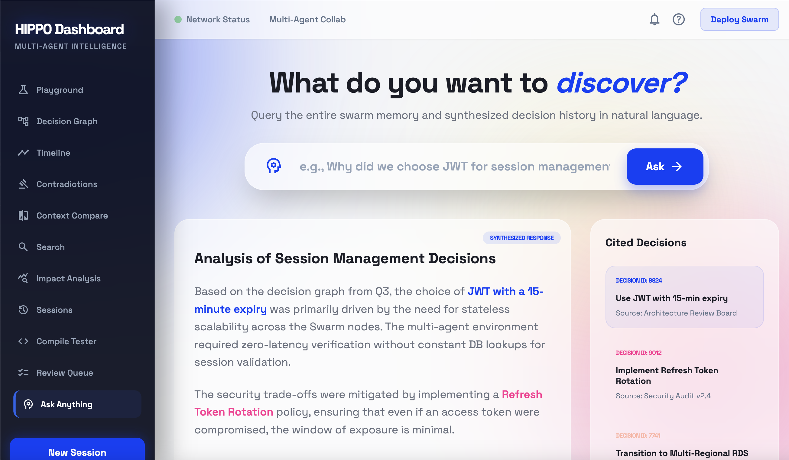Hipp0 Dashboard — Context Compare showing role-differentiated results for two agents